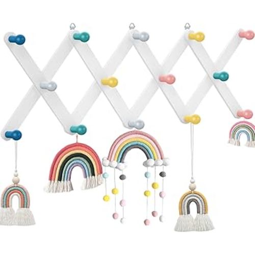 Kids Coat Rack Wall Mount Expandable Toddler Wooden Hanger Cute Coat Rack Rainbow Accordion Wall Hanger for Kids Children Hanging Backpack Bedroom Classroom Hat Clothes (Soft Color)