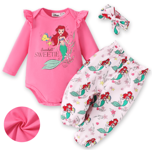 Disney Baby Clothes 3pcs Princess Ariel Graphic Romper Bodysuit Pants Outfit Set with Headband Shower Gifts Newborn Infant
