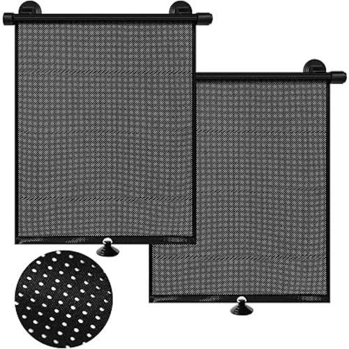 Car Window Shade for Baby, 2 Pack Retractable Kids Side Window Sun Shade for Car Back Windows Roller Shades with Enhanced Suction Cups Pull Down Car Sun Blocker Backseat Sun Shade Shield (15" x 18")