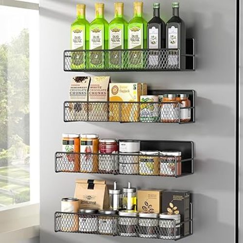 Magnetic Spice Rack for Refrigerator, 4 Pack Metal Magnetic Shelf Black, Moveable Spice Organizer, Super Magnetic Fridge Shelf for Kitchen Organization and Storage