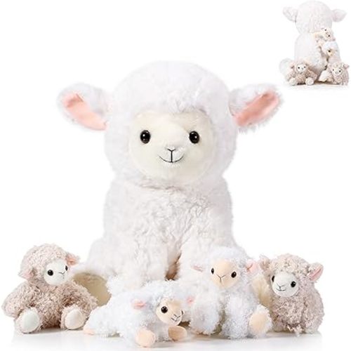 Lenwen 5 Pcs Lamb Stuffed Animal Set 14 Inch Mommy Lamb Plush with 4 Cute Babies in Her Zippered Tummy Soft Cuddly Nursery Sheep Plushie for Farm Birthday Easter Baby Shower Decor Gifts(Lovely Style)