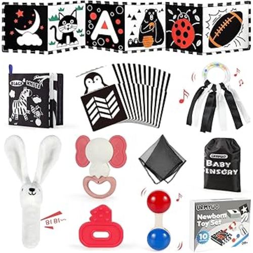 URMYWO 10 Pcs High Contrast Black and White Baby Toys for Newborn, Tummy Time Mirror, Rattle, Teether, Visual Stimulation Learning Cards, Sensory Toys for 0-6 Months, Baby Boy Girl Valentines Gifts