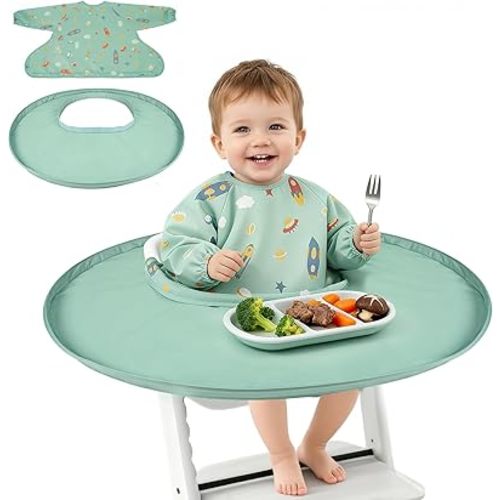RICHER HOUSE Coverall Baby Feeding Bib, for High Chair Food Catcher, Long Sleeves Eating Bib for Highchair and Table, Detachable, Waterproof, Baby Bibs for Babies from 6 Months to 3 Years, Green