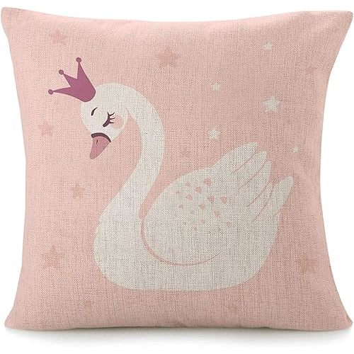 Throw Pillow Covers for Couch Cute Princess Swan Cartoon Bed Or Sofa Pillows Case Baby Crown Pastel Queen Sweet Nursery Beautiful Art Cartoon Decorative Square Linen Cushion Covers 18"X18"