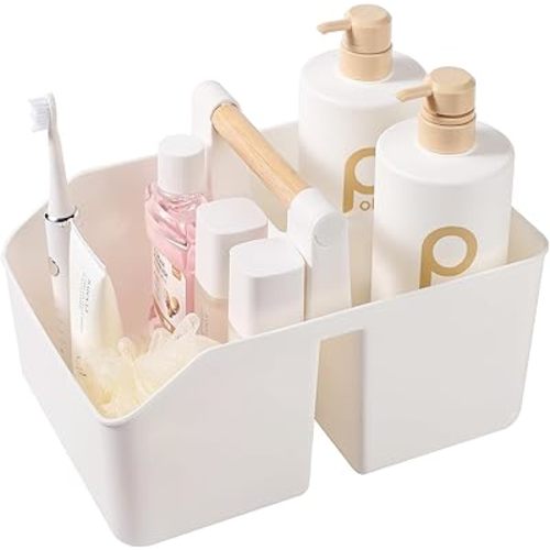 rejomiik Portable Shower Caddy Basket with Bamboo Handle, Bath Toy Storage, White