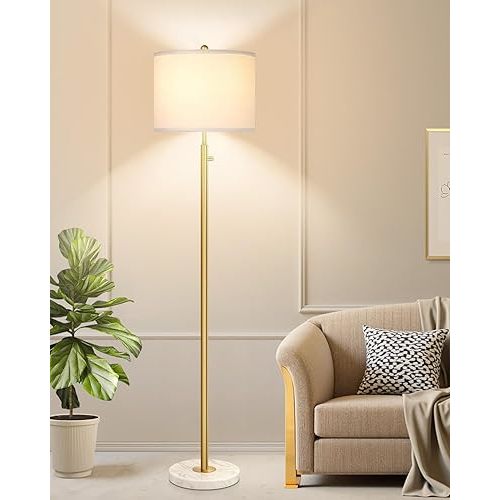 【Upgraded】Dimmable Gold Floor Lamp for Living Room, 11W LED Bulb Included, Modern Standing Lamp with Marble Base, Tall Pole Light with White Linen Shade for Bedroom Reading Office Corner Nursery