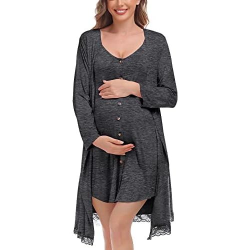 SWOMOG Womens Maternity Nursing Nightgown and Lace Robe Set 3 in 1 Labor Delivery Button Down Nursing Dress 2 Piece Sleepwear