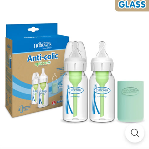 4oz Dr. Brown’s Natural Flow® Anti-Colic Options+™ Narrow Glass Baby Bottle with Silicone Sleeve, 2-Pack