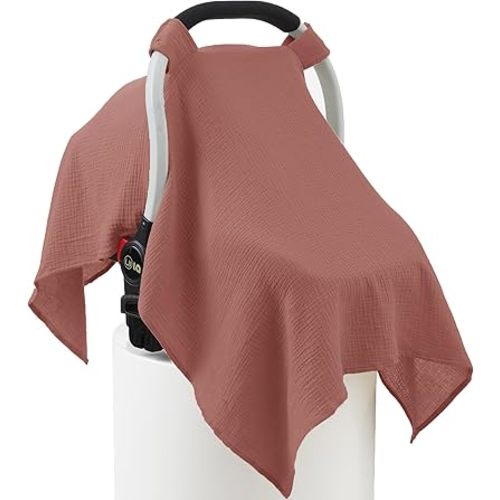 100% Muslin Cotton Car Seat Cover Baby, Carseat Canopy Cover, Universal Fit Stroller Covers for Boys and Girls (Blush)