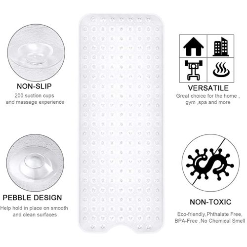 YINENN Bath and Shower Safety Mats 40x16 inch, Non Slip with Suction Cups for Bathroom Stall and Tub Floor, Extra Large and Machine Washable, Drain Holes Keep Bathtub Clean, Clear