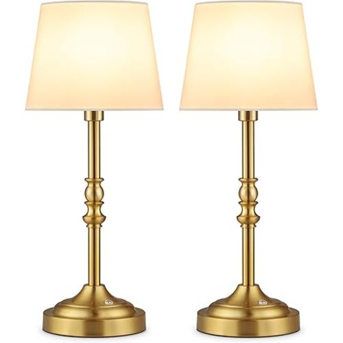 GGOYING Set of 2 Rechargeable Cordless LED Table Lamps, 4-Level Dimmer, Bronze Portable Desk Lamps with White Fabric Shades, Night Light for Dining, Bedroom and Patio