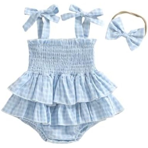 Newborn Baby Girl Summer Clothes Ruffle Smocked Romper Dress Sleeveless Jumpsuit with Bow Headband Cute Outfits