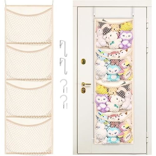 Over The Door Stuffed Animal Storage, Cotton Toy Organizer for Storage Plush Toys,Baby Supplies, Stuffed Animal Holder with 4 Large Pockets, Hanging Door Organizer for Nursery, Bedroom, Kids Room