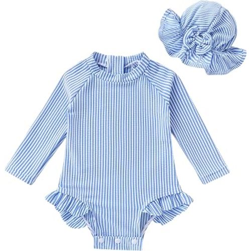 Infant Baby Girl Swimsuit One-Piece Long Sleeve Rash Guard with Hat Set Floral Zipper Bathing Suit Leopard Beach Wear