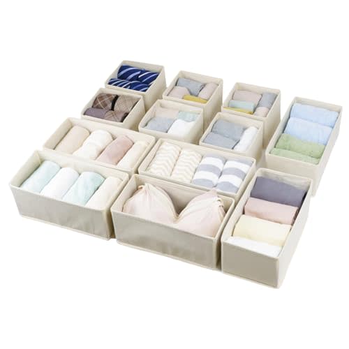 Fordonral Set of 12 Drawer Organizer, Fabric Closet Organizer and Storage Baskets,Foldable Drawer Divider for Clothing,Sock,Ties,Underwear Drawer Organizers,Set of Cabinet Storage Boxes (Beige)