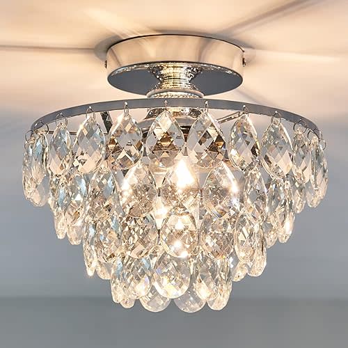 YYJLX Modern E26 Small Crystal Chandelier Semi Flush Mount Ceiling Light Fixture Silver Ceiling Lamp for Hallway Bedroom Bathroom Closet Bedroom Foyer (Chrome)