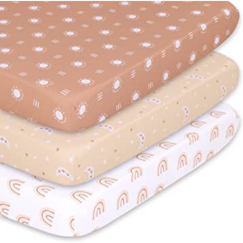 The Peanutshell Mini Crib Sheet Set - 3 Pack - Multiuse for Pack n Play, Playard, Playpen, Mini Crib - Boho Rainbow