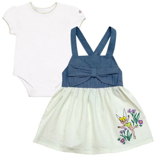 Disney Peter Pan Tinker Bell Newborn Baby Girls Bodysuit and Square Neck Dress Outfit Set Tinker Bell Pale Green / Denim 3-6 Months