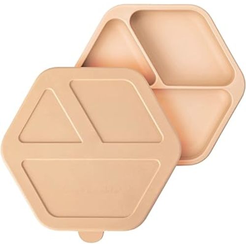 Tiny Twinkle Silicone Suction Baby Plate, Suction Grip Divided Dish for First Foods and Self-Feeding Toddlers, Baby Led Weaning Supplies for Independent Eating (Sand Plate with Lid)
