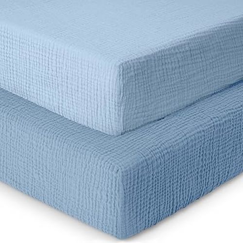 Cotton Crib Sheets Fitted,Soft Baby Crib Sheets,Girls,Boys,2 Pack,100% Muslin Crib Sheets Fitted for Standard Crib Mattress,Crib Sheet,52x28 Crib Mattress Sheets | Blue and Light Blue