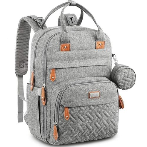 BabbleRoo Waterproof Diaper Bag Backpack - Baby Essentials Travel Tote - Multi function with Changing Pad, Stroller Straps & Pacifier Case - Unisex, Light Gray