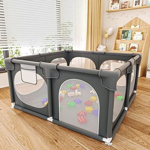 Baby Playpen, 50x50 Inch Playpen for Babies and Toddlers with Gate, Baby Playards with Soft Breathable Mesh & Anti-Slip Base, Baby Play Pen for Indoor & Outdoor Active Center Game Fence