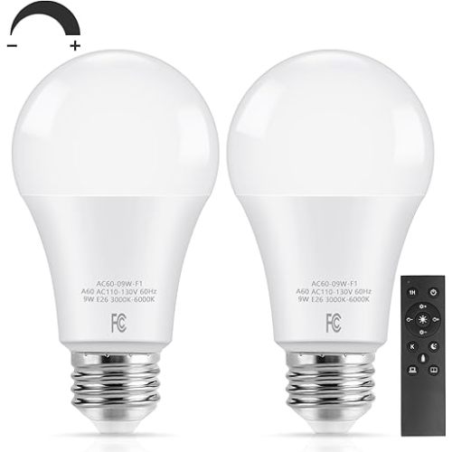 TOBUSA A19 LED Light Bulbs with Remote, 9W LED Bulbs 60W Equivalent, 3000K-6000K Dimmable Bulbs with E26 Base, 800 Lumens Light Bulbs with Timing, Memory Function, Ideal Lighting for Home, 2 Packs
