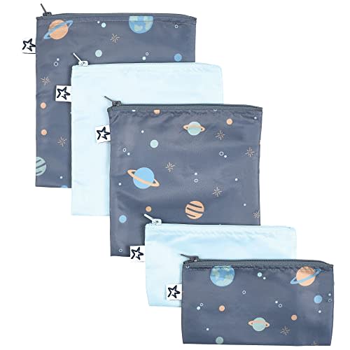 Tiny Twinkle 5 Pack Reusable Snack Bags - Machine Washable, PFAS, PVC, BPA, Phthalate-Free Reusable Baby and Toddler Food Safe Snack Bags (Space)