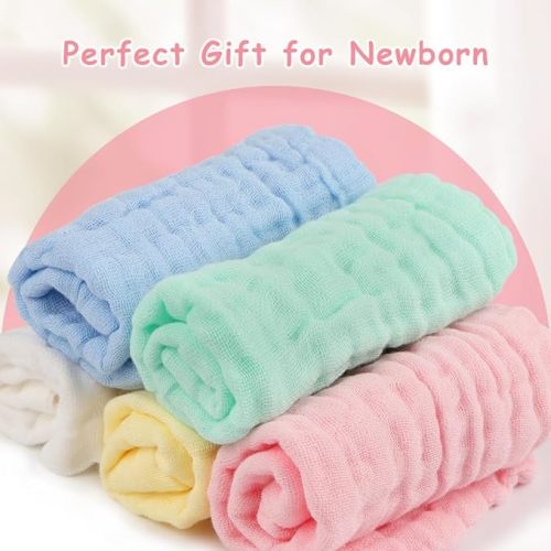 AIDEA Baby Washcloths-10 Pack, Soft Muslin Baby Towels, 100% Cotton Baby Bath Face Towels, Super Absorbent Burp Cloths for Newborn Essentials, 10"x10" - Multicolor