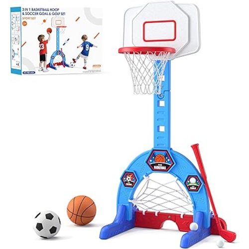 Toddler Basketball Hoop, 3-in-1 Sports Activity Center with Soccer Goal, Golf Game, 5 Height Adjustable Kids Basketball Hoop, Indoor Outdoor Playset Toys Gifts for Boys Girls 3-5, Blue