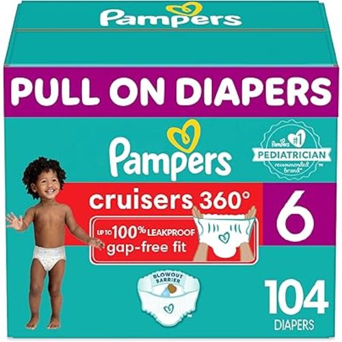 Pampers Cruisers 360 Diapers - Size 6, One Month Supply (104 Count), Pull-On Disposable Baby Diapers, Gap-Free Fit