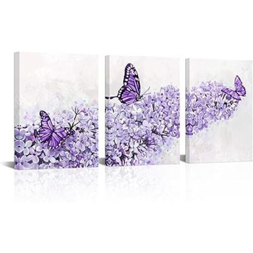 HOMEOART Butterfly and Flower Canvas Wall Art, 12x16inches, 3 Pieces, Framed (Purple)