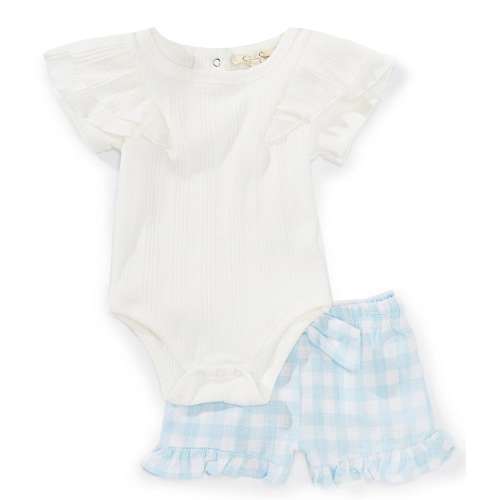 Jessica Simpson Baby Girls Layette Rib Top & Linen Checkered Short Set