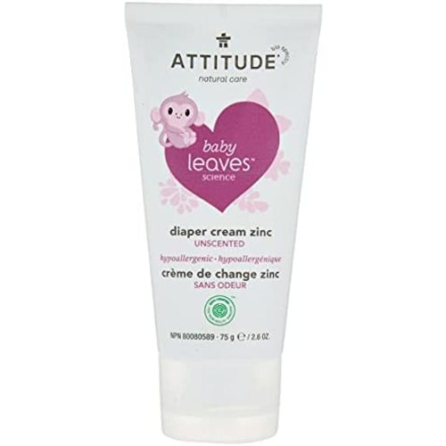 ATTITUDE Natural Zinc Diaper Cream | EWG VERIFIED, Hypoallergenic, Dermatologist Tested and Fragrance-Free Diaper Rash Cream | Blocks Moisture, Prevents Irritation | Baby leaves (2,6 Fluid Ounce)