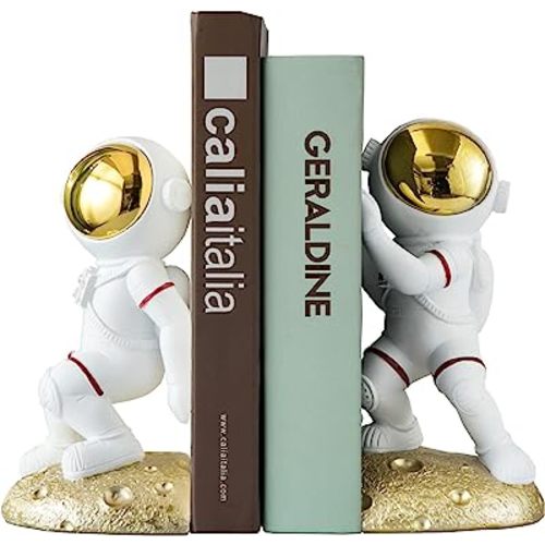 Space Theme Bookends for Shelves, Astronaut Moon Book Ends for Kids Room, Decorative Planet Book Stoppers to Hold Books Heavy Duty, Unique Boys and Girls Gift (Gold)