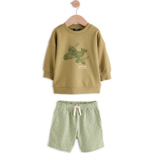 Kids' Graphic Cotton Sweatshirt & Gingham Shorts Set