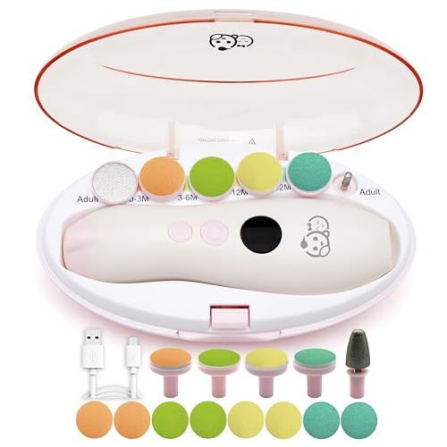 Royal Angels Rechargeable Baby Nail Buffer 22 in 1, Safe Electric Baby Nail File, Extra 13 Replacements, Baby Nail Kit,Nail Clippers, Newborn Toddler Toes Nails, Trim Polish (Rechargeable, WhitePink)