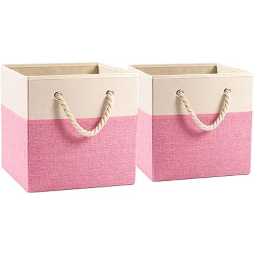 PRANDOM Large Foldable Cube Storage Bins 13x13 inch [2-Pack] Fabric Linen Storage Baskets Cubes Drawer with Cotton Handles Organizer for Shelves Nursery Closet Bedroom Pink