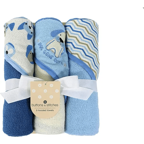 Cudlie Buttons & Stitches Baby Boy 3 Pack Rolled/Carded Hooded Towels in Dog Gone Cute Print, GS71722