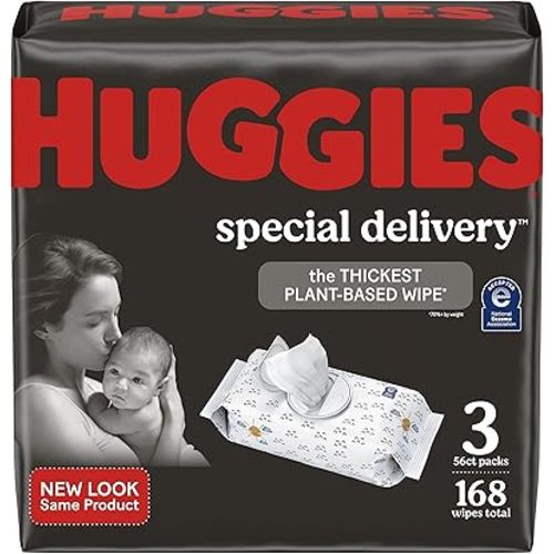 Hypoallergenic Baby Wipes, Unscented, Huggies Special Delivery Baby Diaper Wipes, Safe for Sensitive Skin, 99% Purified Water, 3 Push Button Packs (168 Wipes Total)