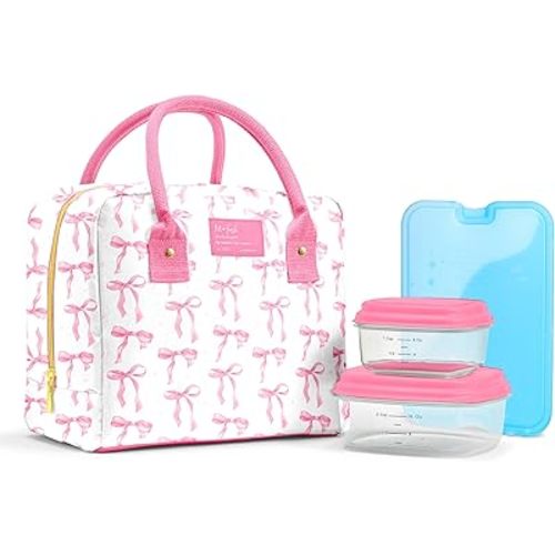 Fit & Fresh Lunch Bag For Women, Insulated Womens Lunch Bag For Work, Leak Resistant & Stain-Resistant Large Lunch Box For Women With Containers, Zipper Closure Bloomington Lunch Bag, Pink Bows