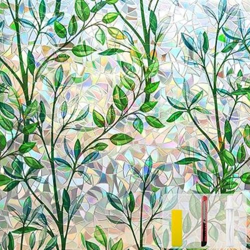 Window Privacy Film Stain Glass Window Film Rainbow Window Film Window clings Non-Adhesive Reusable Decorative for Room (Leaf Rainbow, 23.6X 157.4 in)