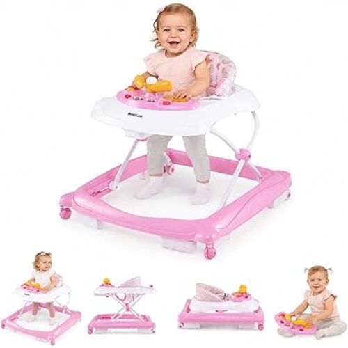 HONEY JOY Baby Walker, 5 in 1 Infant Activity Walker with Wheels, Music, Removable Cushion, Toddler Foldable Push Walker for Boys Girls, Anti-Rollover Walkers for Babies 7-14 Months (Pink)