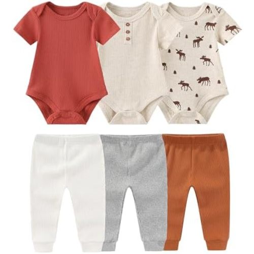 Baby Bodysuit and Pant Set 6-pcs Ribbed Soft Infant Boy Girl Clothes Outfits