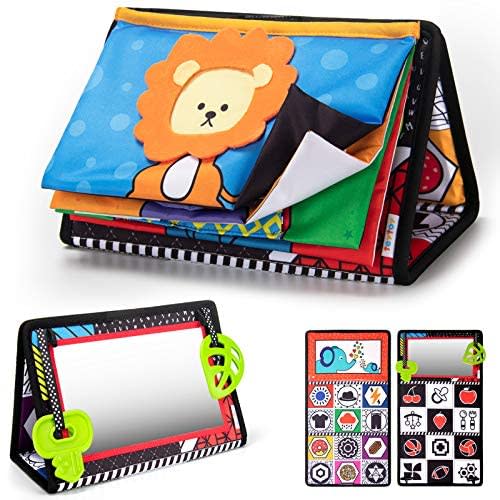 teytoy Tummy Time Floor Mirror with Crinkle Cloth Book and Teethers, High Contrast Black and White Baby Toys, Developmental Montessori Sensory Crawling Toy for Newborn Infant Toddler 0 3 6 Months Gift