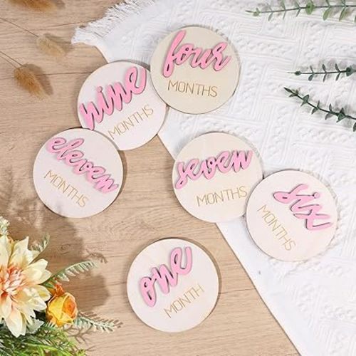 6 Pcs Baby Monthly Milestone signs,1-12 Months Milestone signs for Photos with Double-Sided 3D Engraving Newborn Age Signs for Baby (Pink)