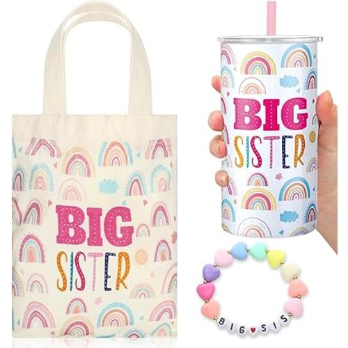 3 Pcs Big Sister Gift for Girls 12 oz Pink Big Sister Cup Stainless Steel Mug Vacuum Insulated Tumbler with Leakproof Lid and Straw Canvas Tote Bag and Bracelet for Little Girls Age 2-8