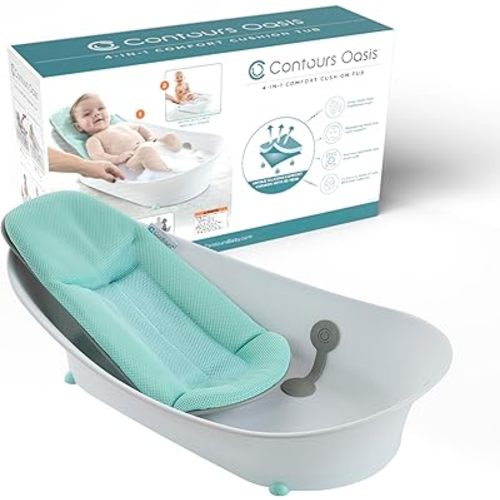 Contours Oasis 4-in-1 Comfort Cushion Baby Bath Tub, Infant Bathtub Seat, Supportive for Newborns and Toddlers 0-24 Months, Grow with Me Design, Plush Quick Dry Mesh Pad, Easy to Clean, Blue/White