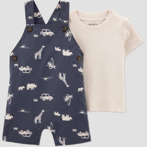 Carter's Just One You® Baby Boys' 2pc Safari Short Sleeve T-Shirt & Overalls Set - Gray 3M: Cotton, Giraffe & Car Pattern