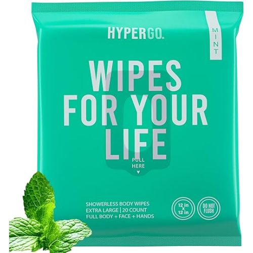 HyperGo XL Body Wipes for Women & Men – 12" x12" Rinse-Free Full Body Cleansing Wipes 20 Count Pack - Mint | Biodegradable, Hypoallergenic, Aloe-Infused | Gym, Festival, Camping Essentials